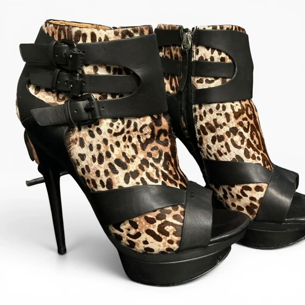 L.A.M.B. Calf Hair Gwen Stefani Leopard Leather Y2K Stiletto Heels Peep Toe 8